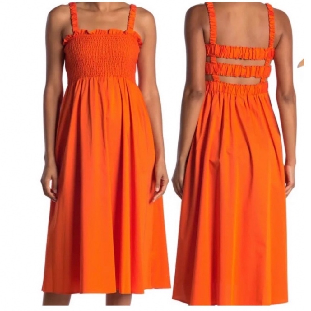 Topshop Orange Smocked Cotton Midi Dress Cutout Back Pockets US 8-10 M